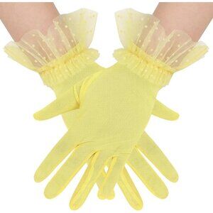 Women's Short Lace Yellow Tulle Sheer Mesh Tea Party Prom Gloves Banquet Costume